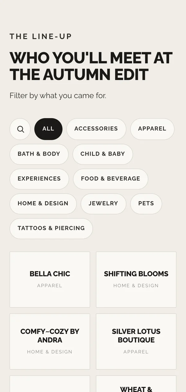 The MRKT Markets vendor line-up on a phone, with search and category filters